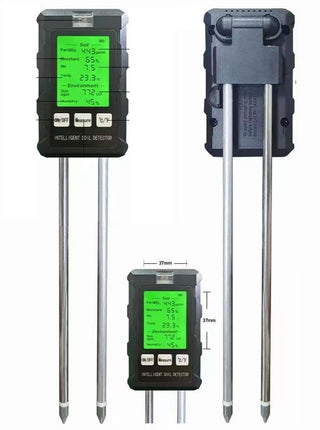 Jord og fuktmåler sett forfra og bakfra